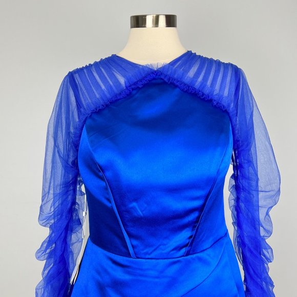 TS Couture Womens Cocktail Dress Blue Long Tulle Sleeves Sheath size Large - Picture 2 of 16